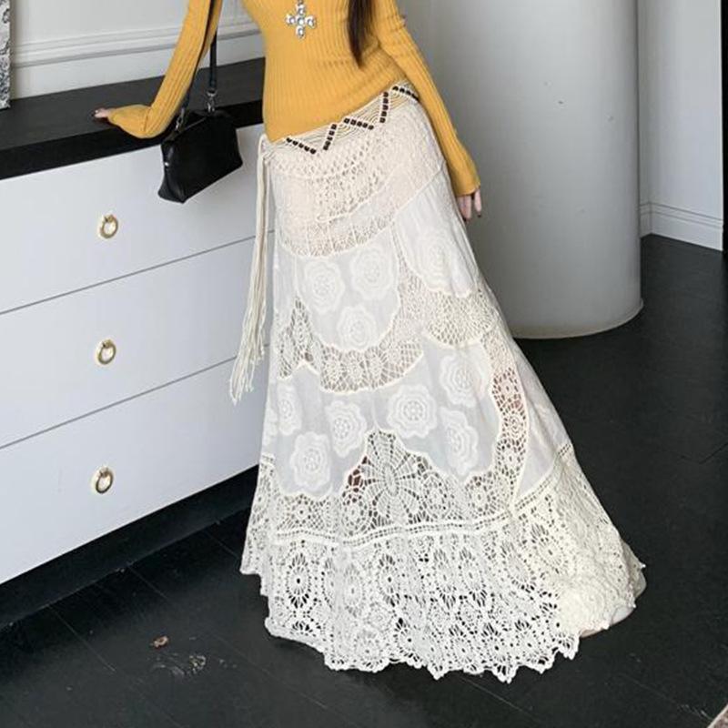 DIMANAF 2025 Новая праздничная юбка Женская кружевная длинная однотонная с вырезами Сексуальная с вырезами Летний стиль Свободное базовое платье