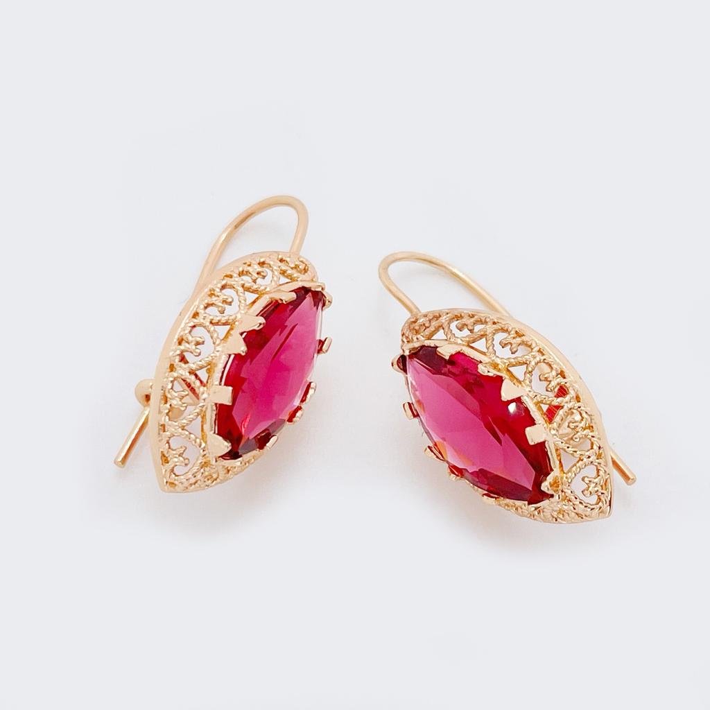 Модные уникальные резные женские серьги-капли из розового золота 585 пробы с плетением ромбов и красного камня, классические романтические свадебные ювелирные украшения