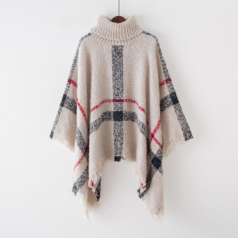 European and American High Neck Plaid Cape - Batwing Sleeve Knitted Pullover Shawl for Women
