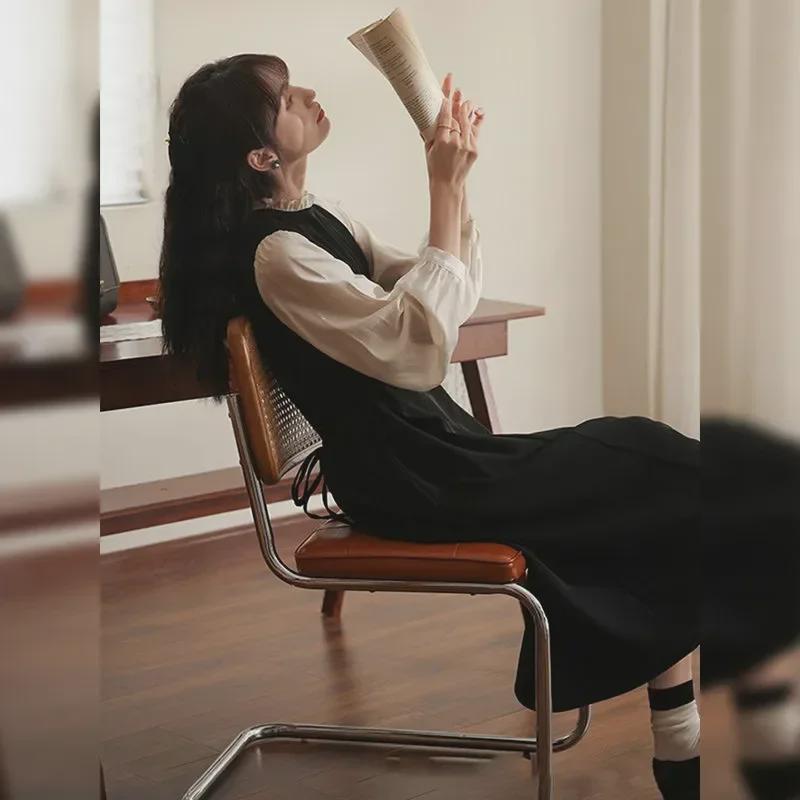 Длинное платье для похудения в корейском стиле с черно-белой строчкой - круглый вырез, длинный рукав, удобная повседневная одежда