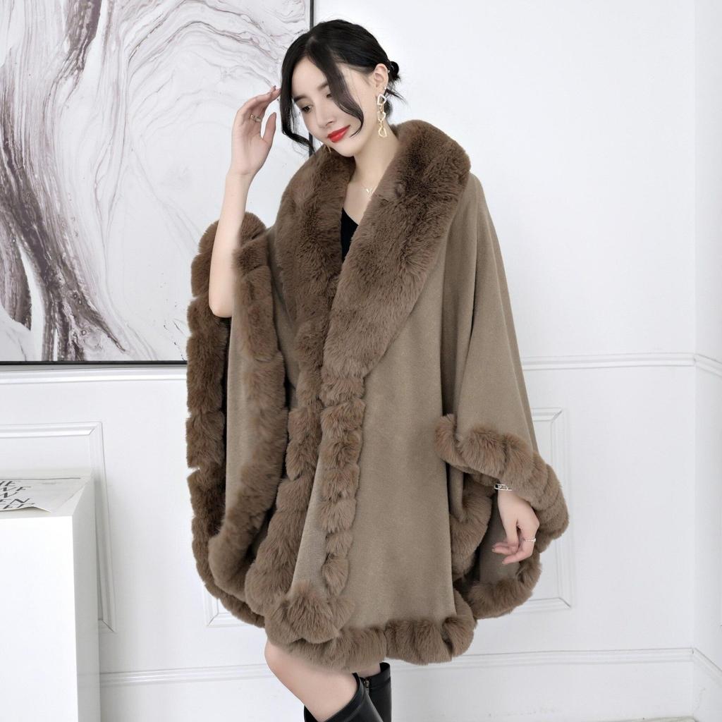 16 Colors Women String Rabbit Fur Collar Outstreet Wear Winter Thick Poncho Cardigan Long Cloak Big Pendulum Loose Shawl Coat