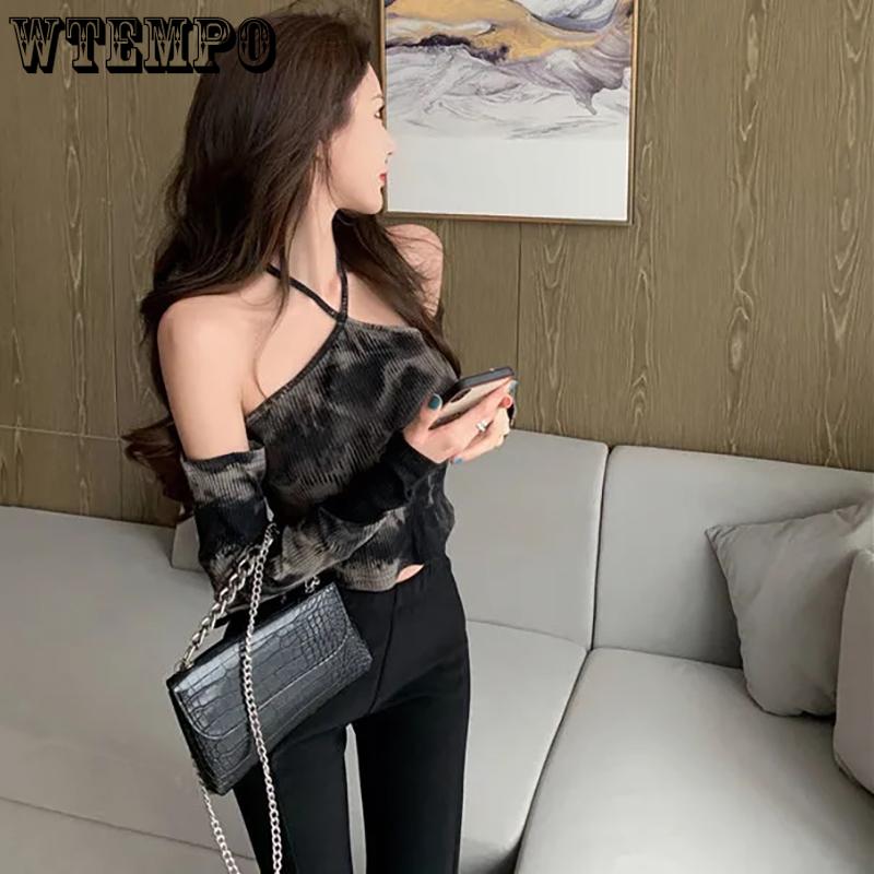 WTEMPO Spring Summer Black Tie Dyed Long Sleeve T-Shirts Women Casual Slim Off Shoulder Halter Short V-Neck Tops
