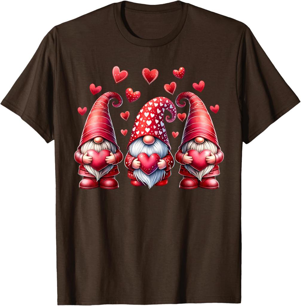 Pink Valentine Gnomes with Hearts Graphic Print Cotton T-Shirt Casual Daily Tee for Women Men