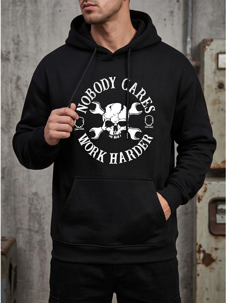 Унисекс Худи Nobody Cares Works Harder с принтом Череп, Пуловер, Подходит для Повседневных Уличных Активностей, Хип-Хоп Стиль, Свободный Крой, Длинный Рукав, Капюшон