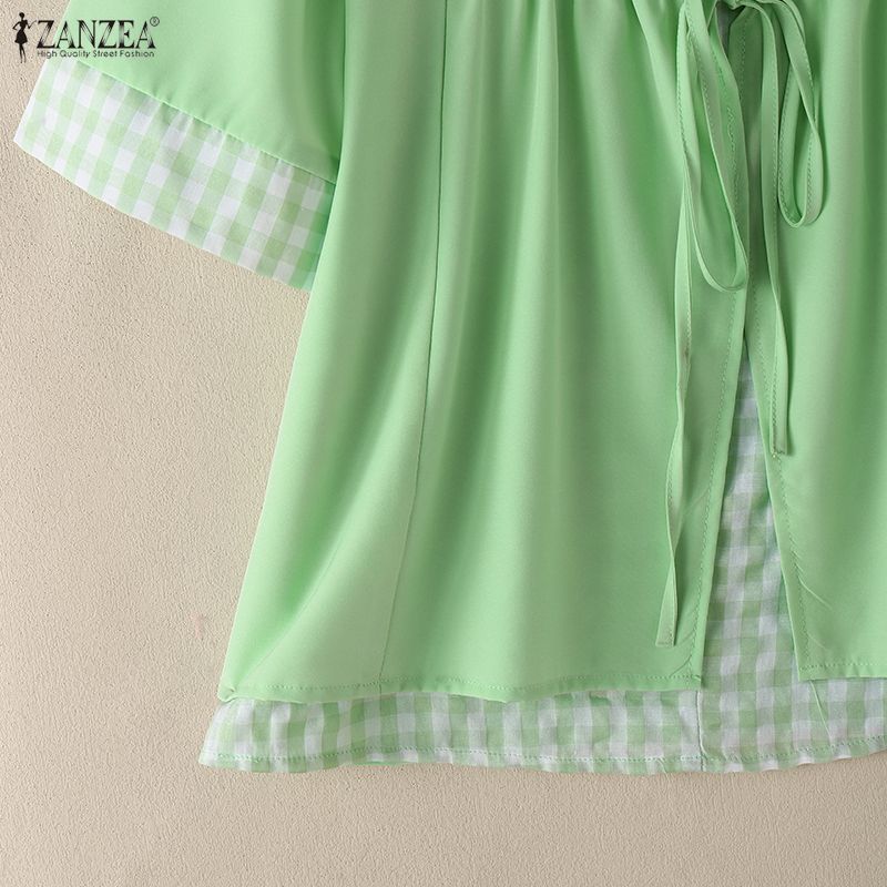 Grid Print Zanzea Women Splice Vneck Casual Short Sleeve Blouse