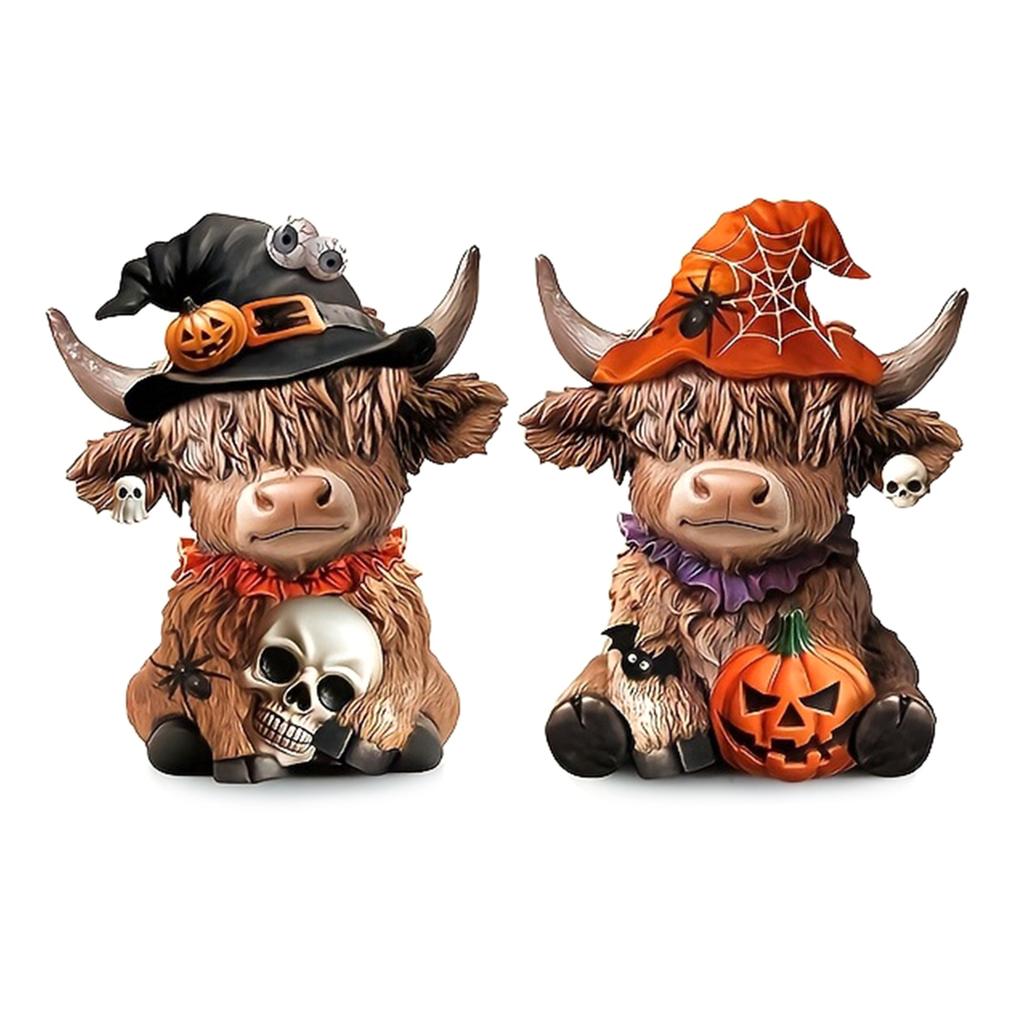 Halloween Highland Cow Holding Skull Pumpkin Resin Statue Festives Home Table Decors Ornament Resin Miniature Sculpture