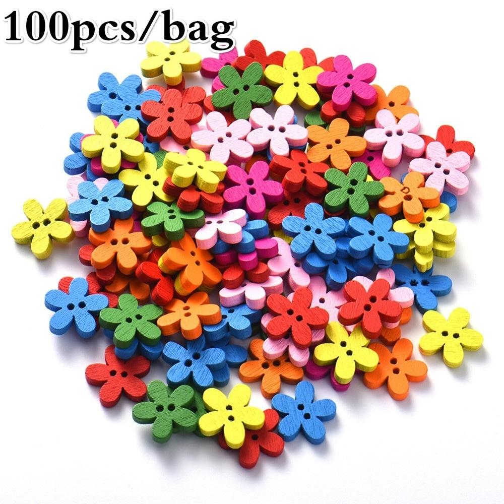 100pcs 14x15mm 2-hole Mixed Flower Wooden Decorative Buttons Suitable for Sewing Clip Arts and Craft