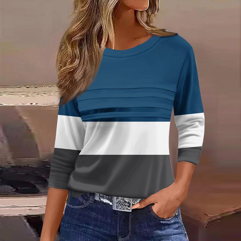 Женская мода повседневный свободный топ с рукавом 3/4 в полоску с круглым вырезом