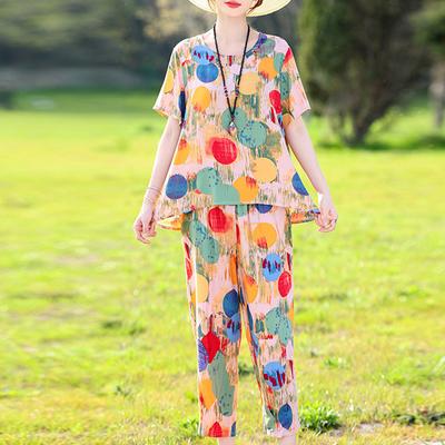 Летние элегантные брючные комплекты больших размеров, повседневные свободные винтажные комплекты из двух предметов с принтом для женской одежды