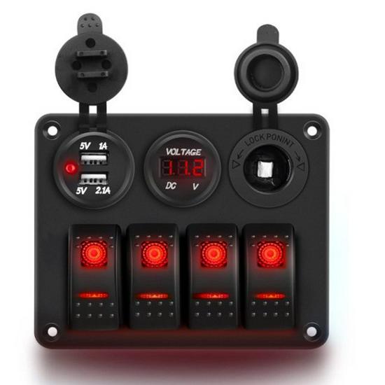 Синяя панель 4 в 1 для лодки и автомобиля: Выключатель + Зарядное устройство + Вольтметр + Гнездо прикуривателя