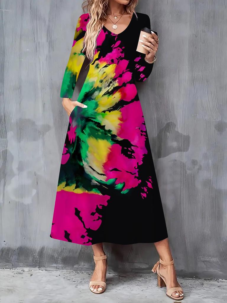 2025 Осень и Зима Новое Женское Повседневное Модное Платье 3D Ретро Принт с Узором Длинный Рукав V-образный Вырез А-силуэт Платья