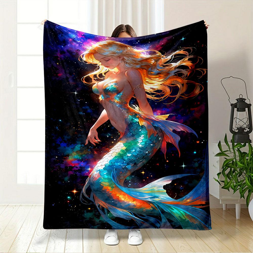 Colorful Mermaid in Galaxy Scene for all seasons blanket lunch break throw gift