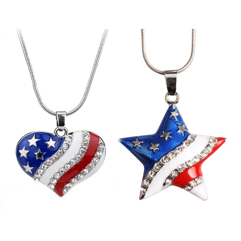 USA Flag Necklace US Love Heart Pentagram America Flag Necklace Full Iced Out Rhinestone Men Hip Hop Rock Pendant Neck Chains