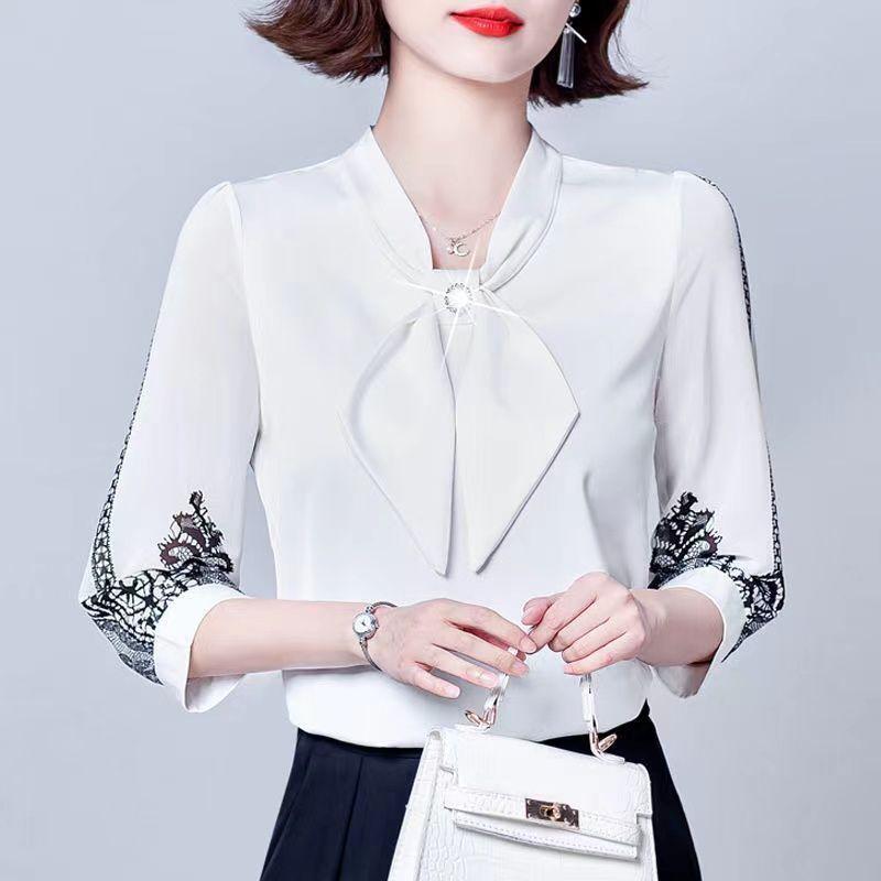 5XL Chiffon Shirt T-shirt Women's 3/4 Sleeve Bow Loose Fit Shirt Mom's Fashion Age Reducing Versatile Top