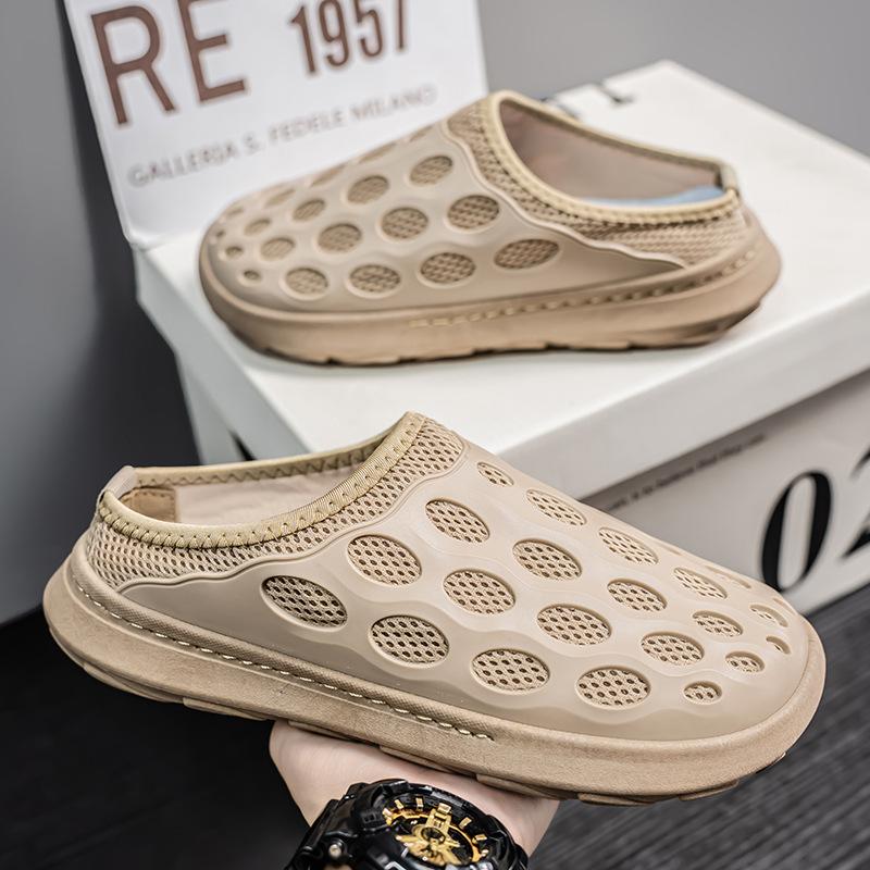 Сетчатые туфли мужские новые летние домашние туфли полуоблегающие одинарные туфли с мешковиной на голове пляжные туфли с отверстиями классные тапочки