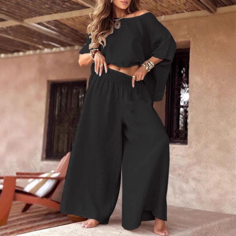 Off Shoulder Set2025 European and American Summer Women's Solid Popular Casual Loose Round Neck off-Shoulder Set