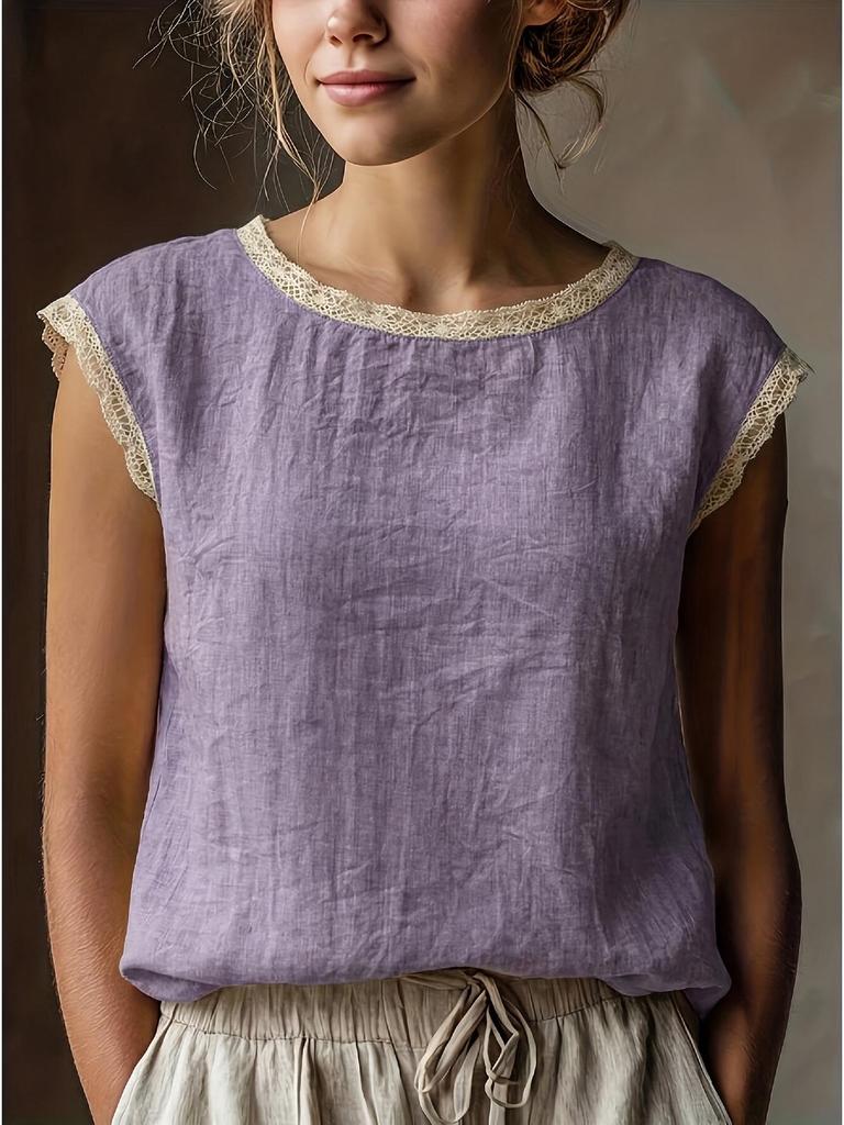Женская ретро свободная льняная рубашка без рукавов с кружевной аппликацией 2026