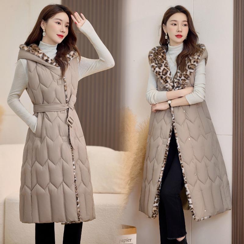 Леопардовый принт плюс приталенный хлопковый жилет с капюшоном для тепла осенью и зимой, женский длинный и тонкий двусторонний пуховый хлопковый жилет жилет