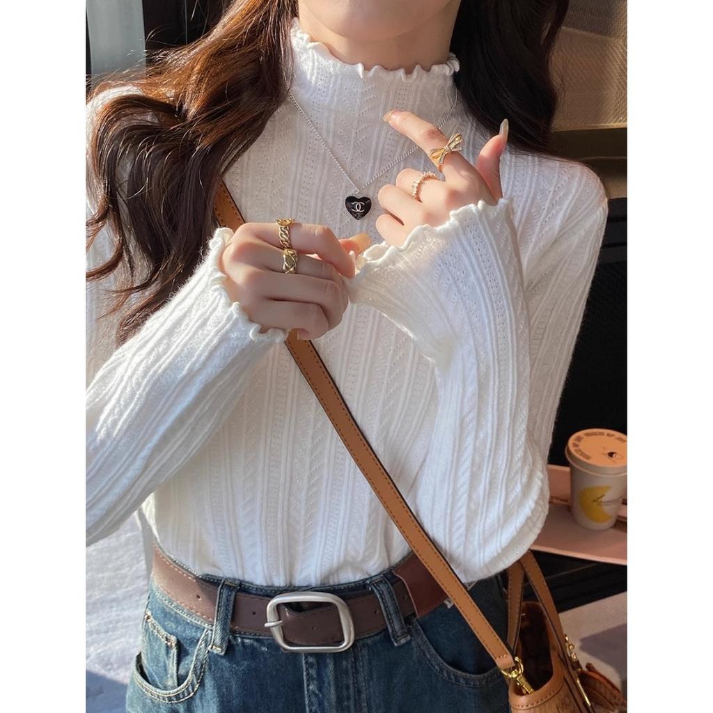 Delicate Fungus Edge Semi-turtleneck Knitted Bottoming Shirt Women's Spring, Autumn and Winter New Slim-fitting Inner Top Soft Waxy Sweater