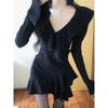 Autumn French Vintage Slim Dress Women Chic Design V-neck Cross Temperament Clothing Female Fashion Elegant Solid Dresses New