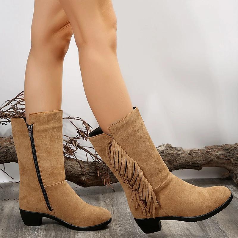 Fringe Women Snow High Boots High Heels Shoes 2025 Trend Suede Chunky Zipper Mid-calf Chelsea Boots Casual Pumps Mujer Botas