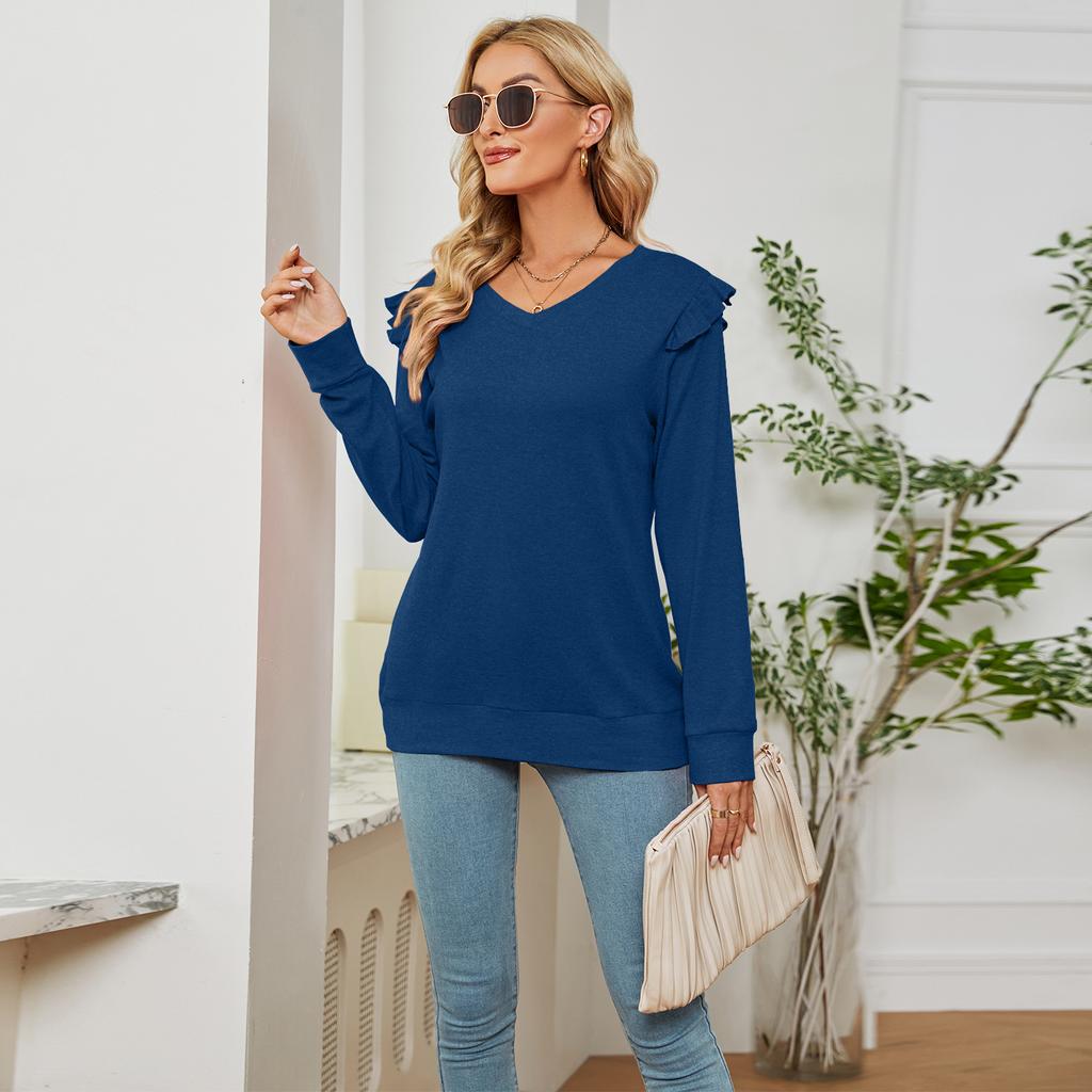 GMXIA Женские модные повседневные осенне-зимние однотонные блузки и рубашки с длинным рукавом и v-образным вырезом с принтом