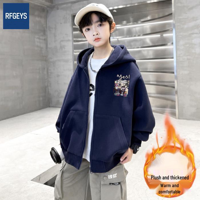 Повседневная толстовка с капюшоном на флисовой подкладке для мальчиков - осенне-зимняя куртка-кардиган свободного кроя для детей