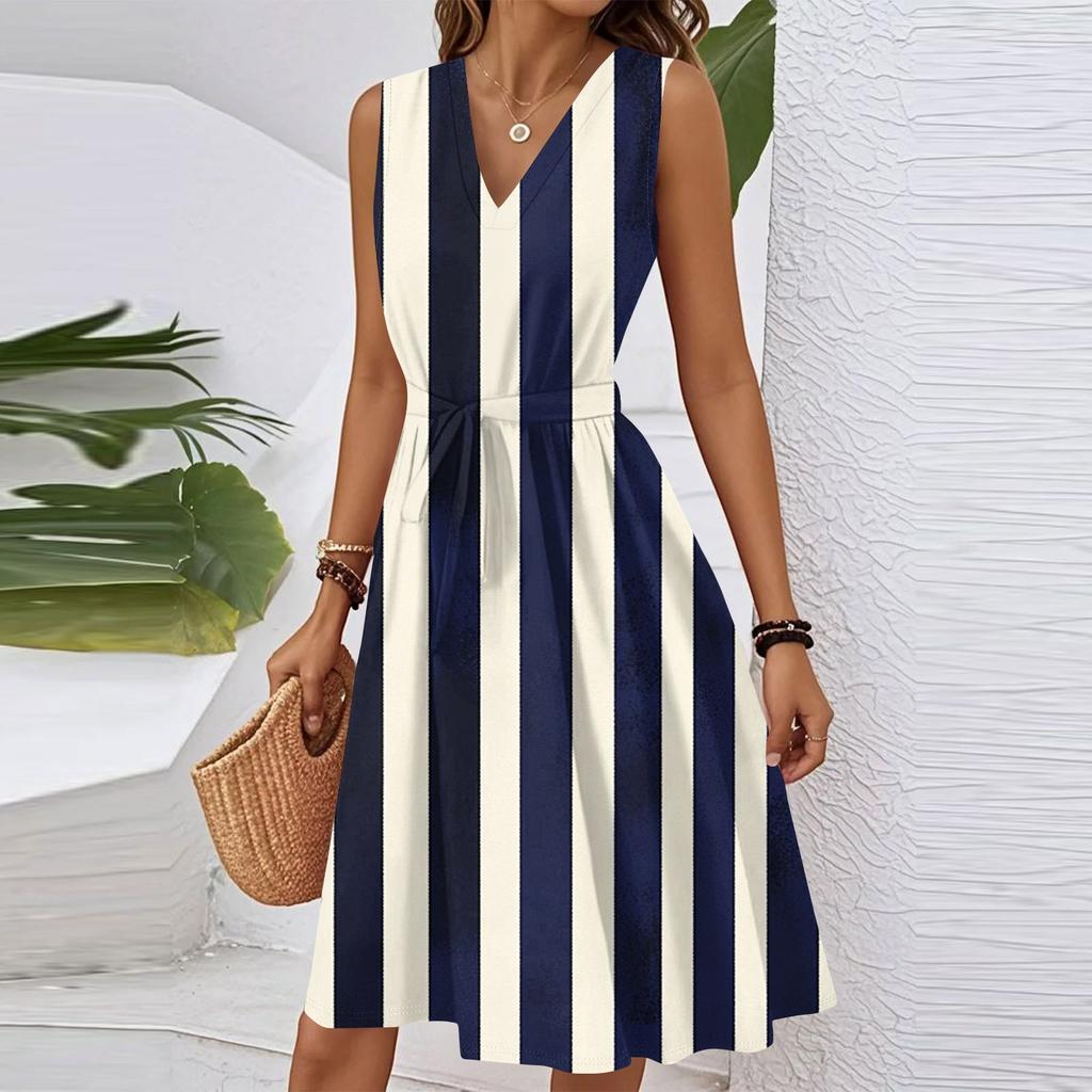Женское летнее модное свободное платье с V-образным вырезом, без рукавов, на шнуровке, в полоску