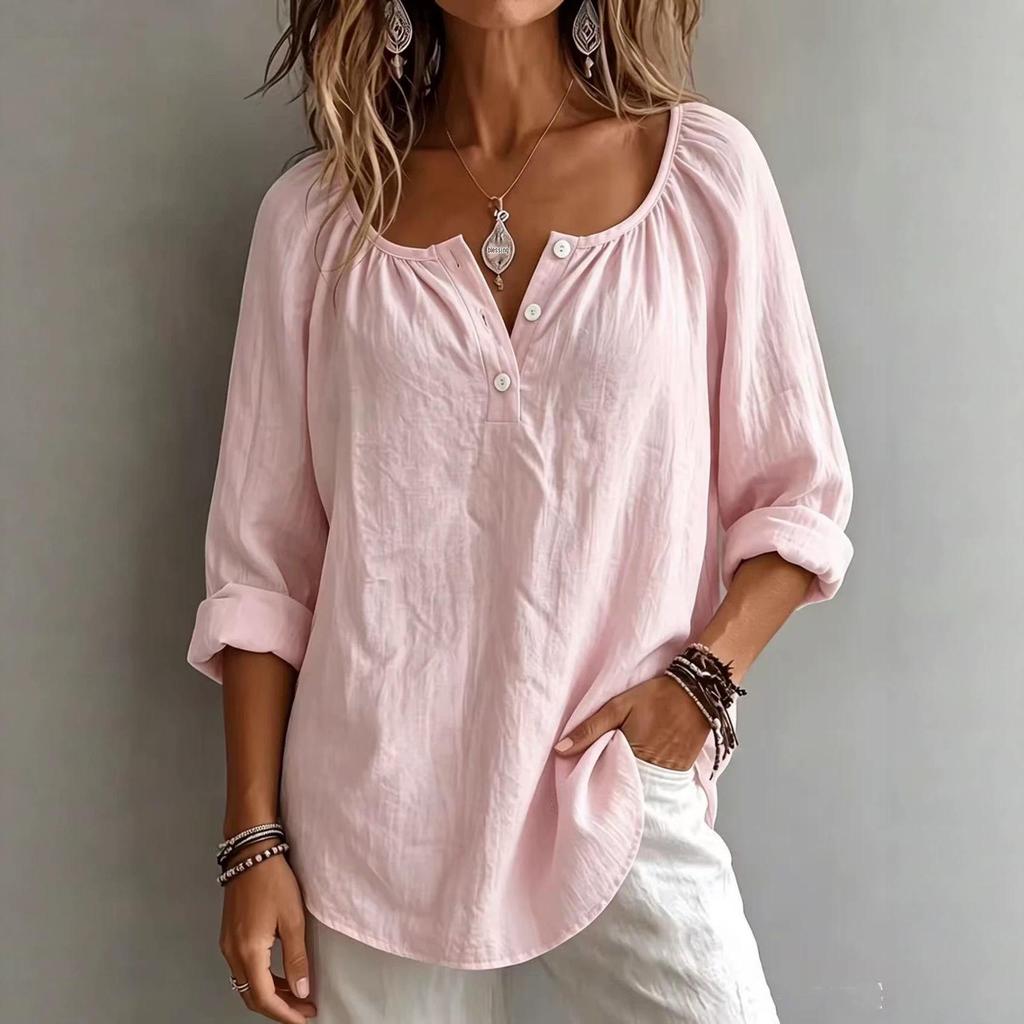2026 European & American V-neck Long Sleeve Casual Loose Fit Women's T-shirt
