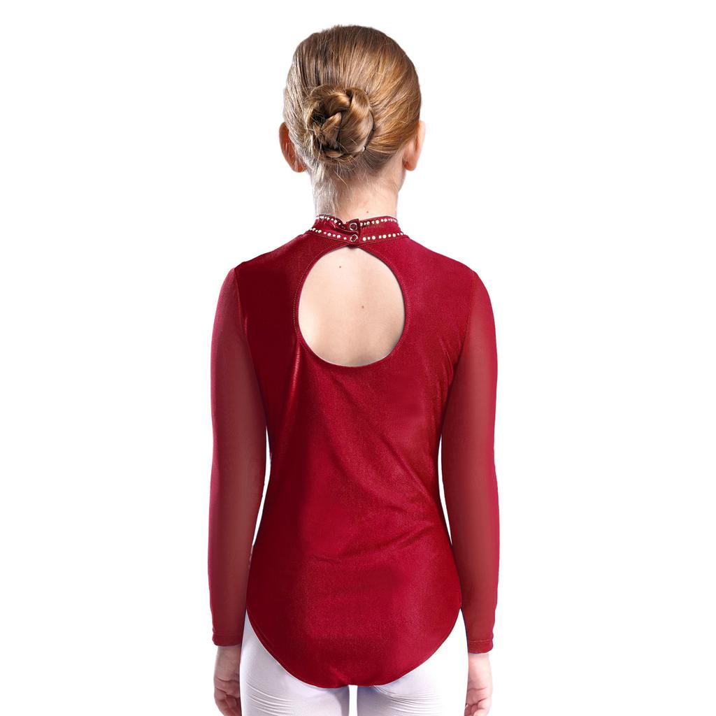 Girls Figure Skating Leotard Sparkling Rhinestones Sheer Mesh Long Sleeves Cutout Back Design Gymnastics Competition Costume