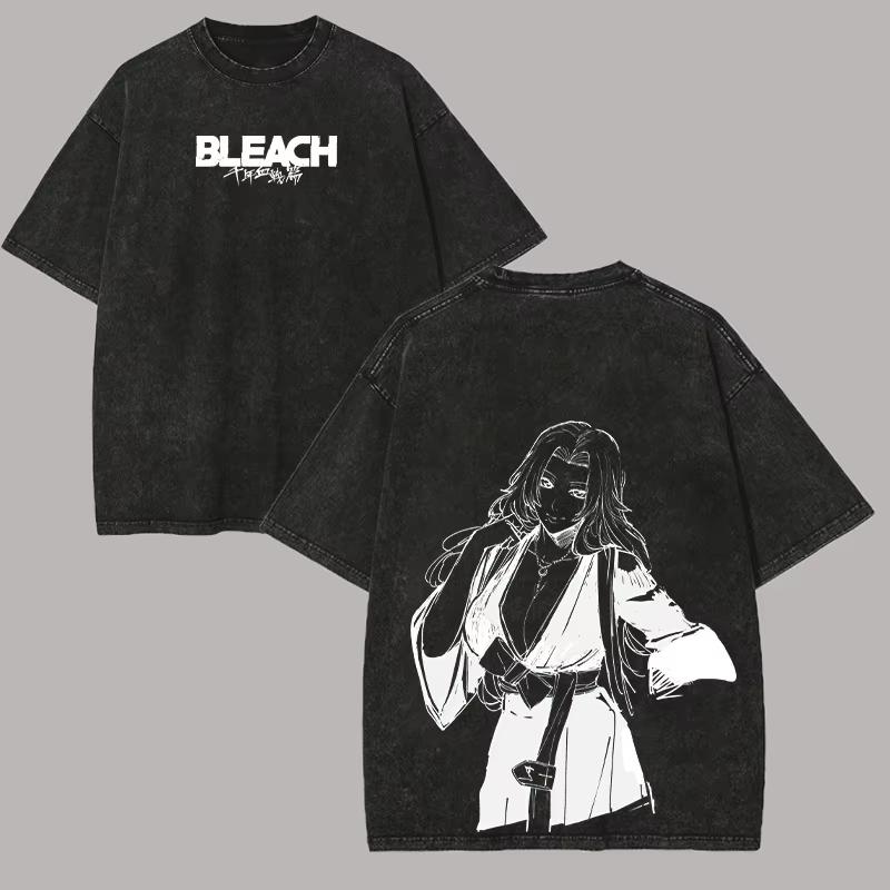2026 Black Vintage Washed Cotton Loose Y2K Streetwear T-shirt with Double-sided Anime Print of Ichigo Kurosaki from Bleach