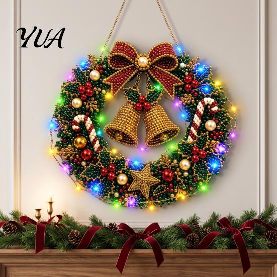 DIY Home Holiday Decor Acrylic Christmas Faux Pearl Art Hanging Kit, Lighted Wreath 3D Beaded Craft Sparkling Gemstone Project Kit with LED