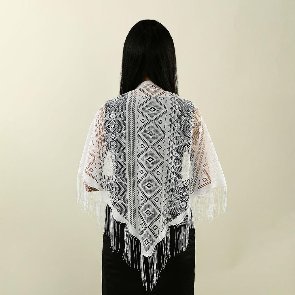 Laven Lace Embroidery Triangle Scarf Hijab Muslim Church Prayer Wedding Mantilla Shawl with Tassels Women White Veil Bandana