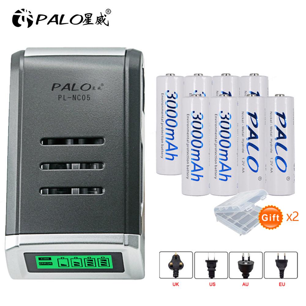 PALO 8 шт. аккумуляторная батарея AA 1,2 В, 3000 мАч, Ni-MH аккумуляторы + 4 ячейки, быстрое зарядное устройство с ЖК-дисплеем для Ni-mh Ni-cd, многофункциональное зарядное устройство AA AAA