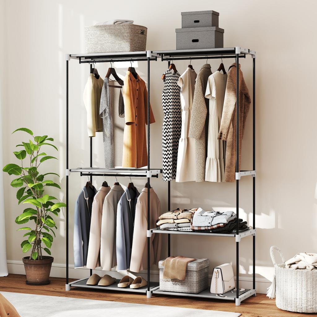 Open Wardrobe, 4 Fabric Shelves, 3 Hanging Rails, Metal Frame, 142 x 43 x 185 cm, Light Grey
