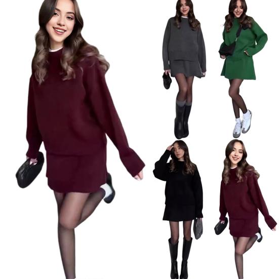 Комплект из 2 предметов: свитер, юбка, свитер, О-образный вырез, длинный рукав, трикотажные топы, мини-юбка А-силуэта средней посадки, однотонный повседневный наряд