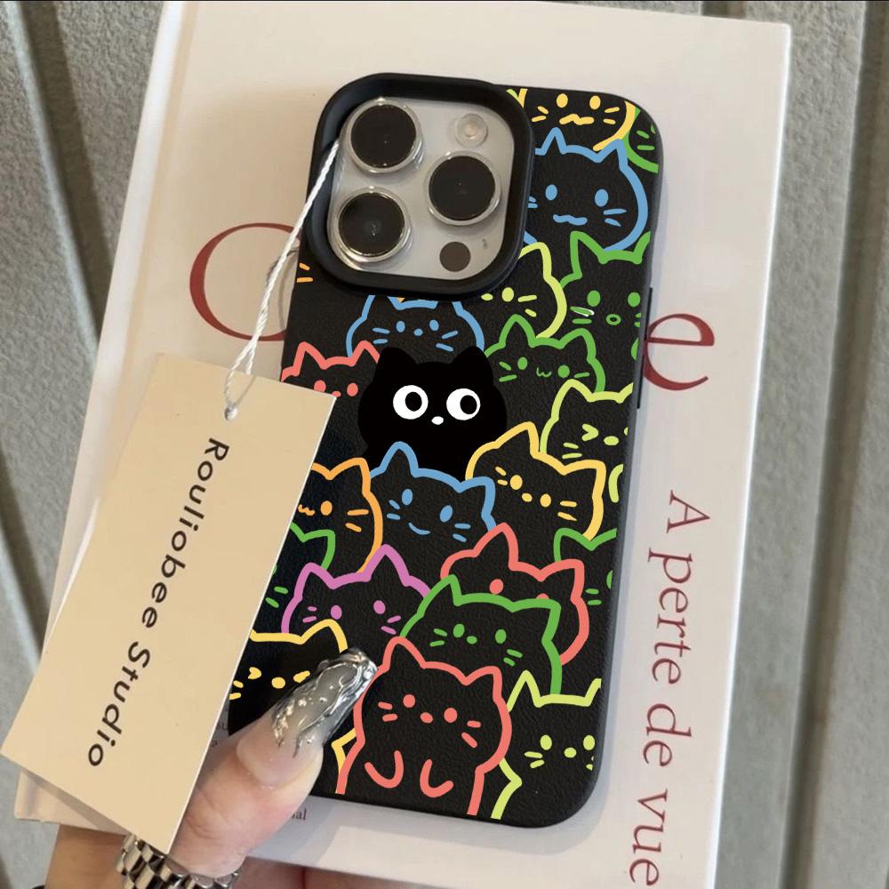 Abstract Cartoon Black Cat Cool Lichee leather pattern Phone Case For Redmi A5 A3 A1 14C 13 12 10 9 8 K60 Ultra Shockproof Cover