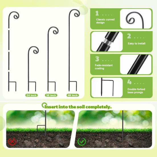 Outdoor Shepherd Hook Heavy Duty Metal Garden Hook with 2-Prong Base Detachable Shepherds Hook for Solar Lights Plant Baskets Lanterns Bird Feeders