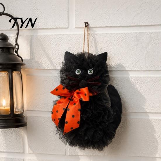 Elegant Mystery Pendant Halloween Cat Wreath, Cute Black Shape Door Hanging Ornament, Glitter Tinsel Horror Style Garland Wreath with Bow for Mantel,