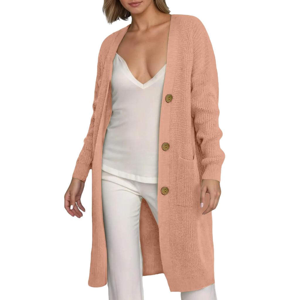 Women's Solid Color Long Sleeved Knee Length Knitted Cardigan, Lazy Trend, Medium Long Hair Jacket
