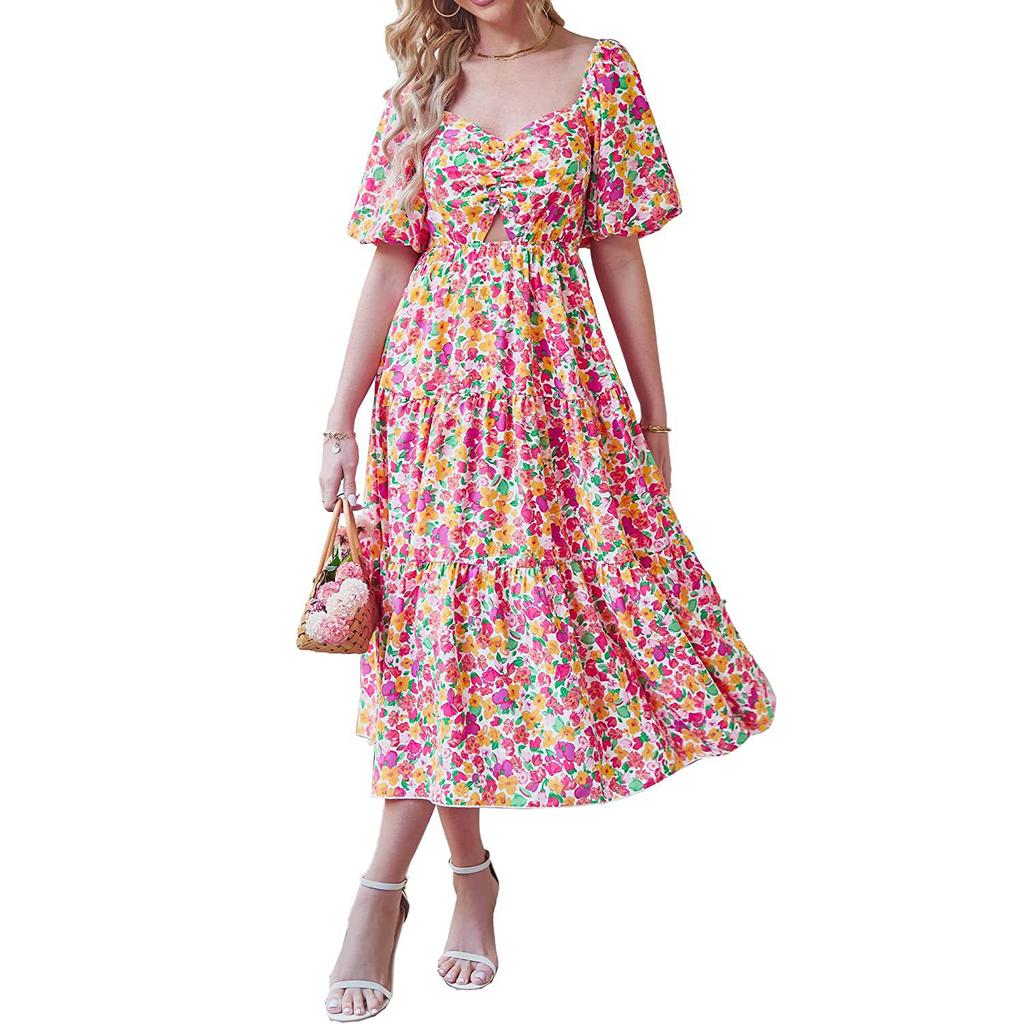 Женское модное платье с квадратным воротником и цветочным принтом, высокой талией, полым пузырем и короткими рукавами, плиссированное платье с принтом сзади