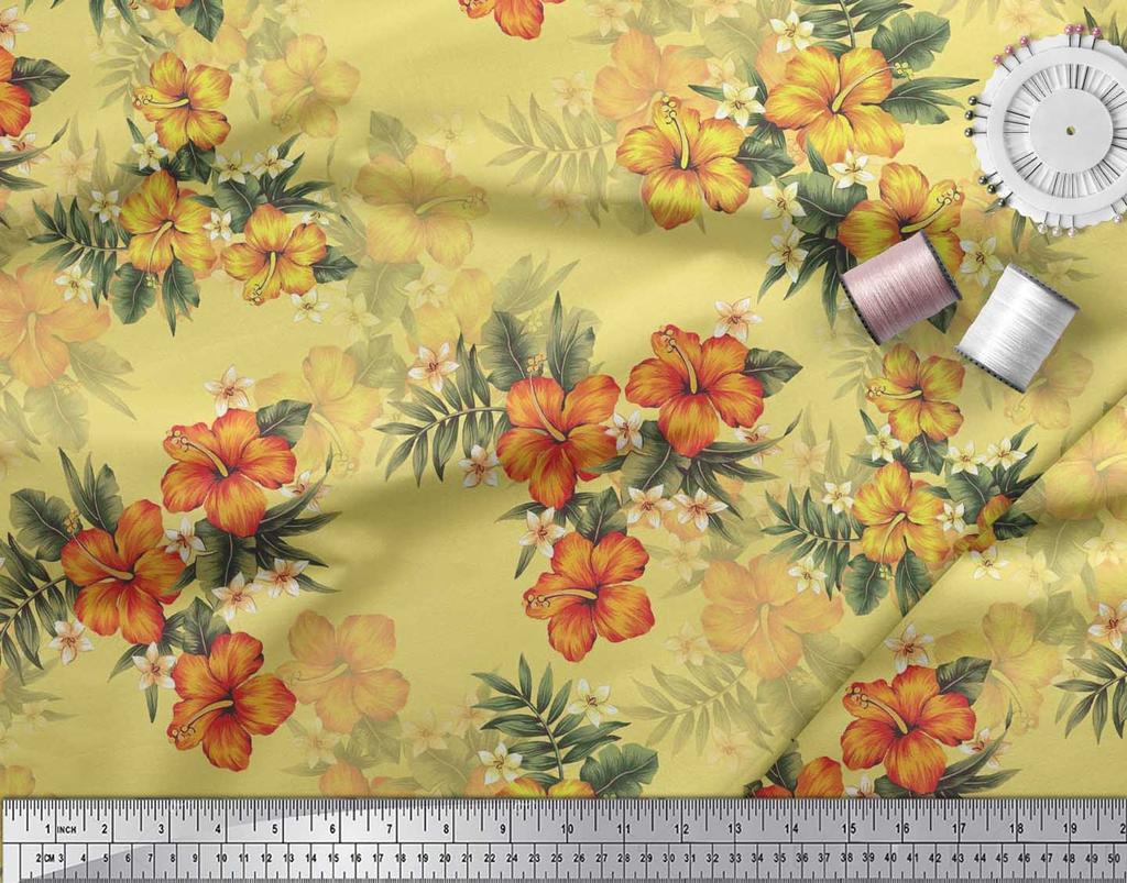 Soimoi Японская креп-сатиновая ткань с цветочным принтом и листьями, тропическая ткань, принты по метрам, 42 дюйма