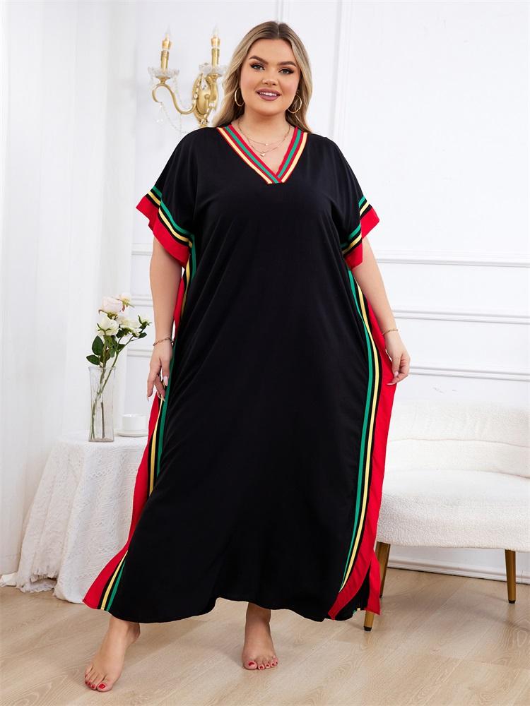 EDOLYNSA Cozy Classy Multicolor Print V-neck Women Loose Kaftan Bathing Suit Cover Up Lightweight Moo Moo Dress Beach Wear Q1615