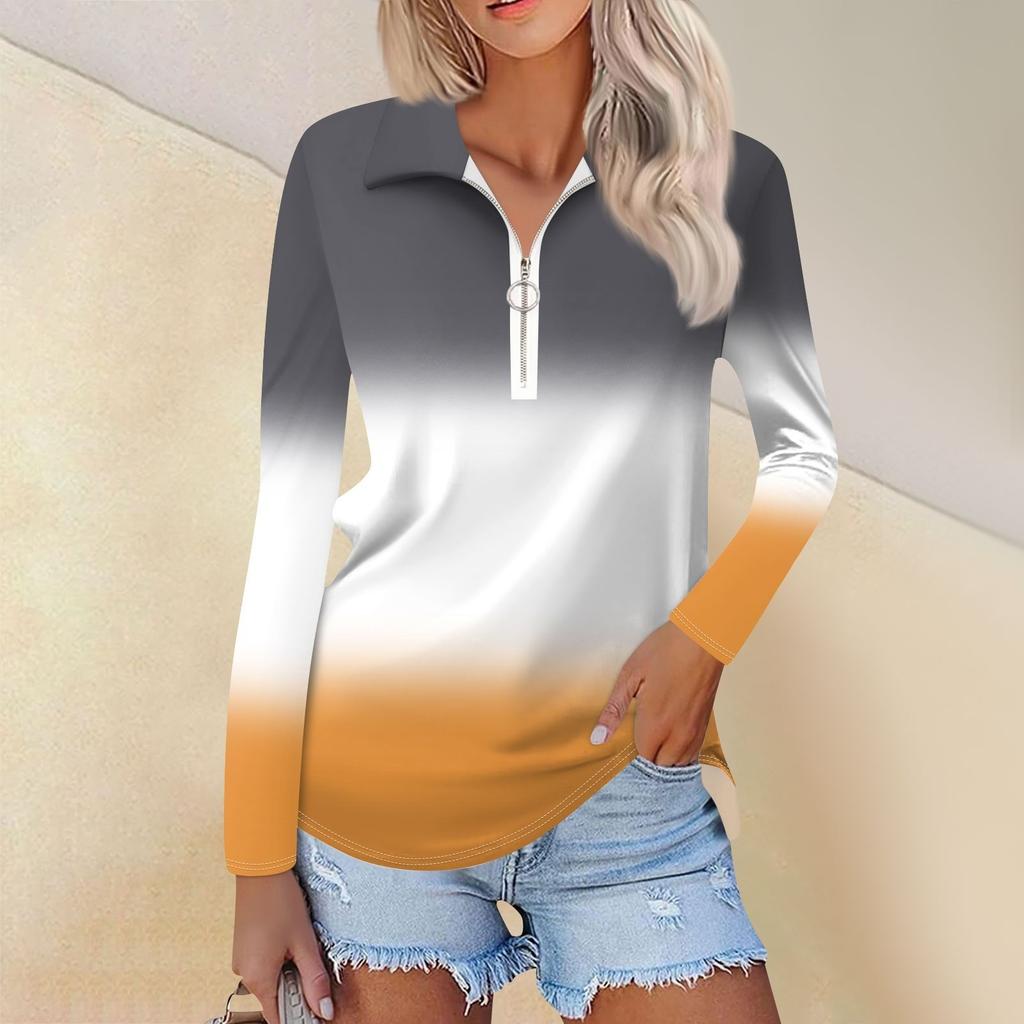 Женская весенняя и модная повседневная рубашка с принтом на молнии с V-образным вырезом и длинным рукавом