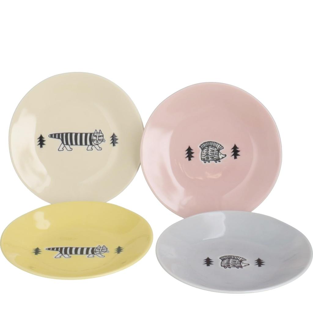 Yamaka Shoten Lisa Larson Set of Made In Plates, 4, 13.5cm, Stroll, Yellow/Gray/Cream/Pink, Japan, LL90-190