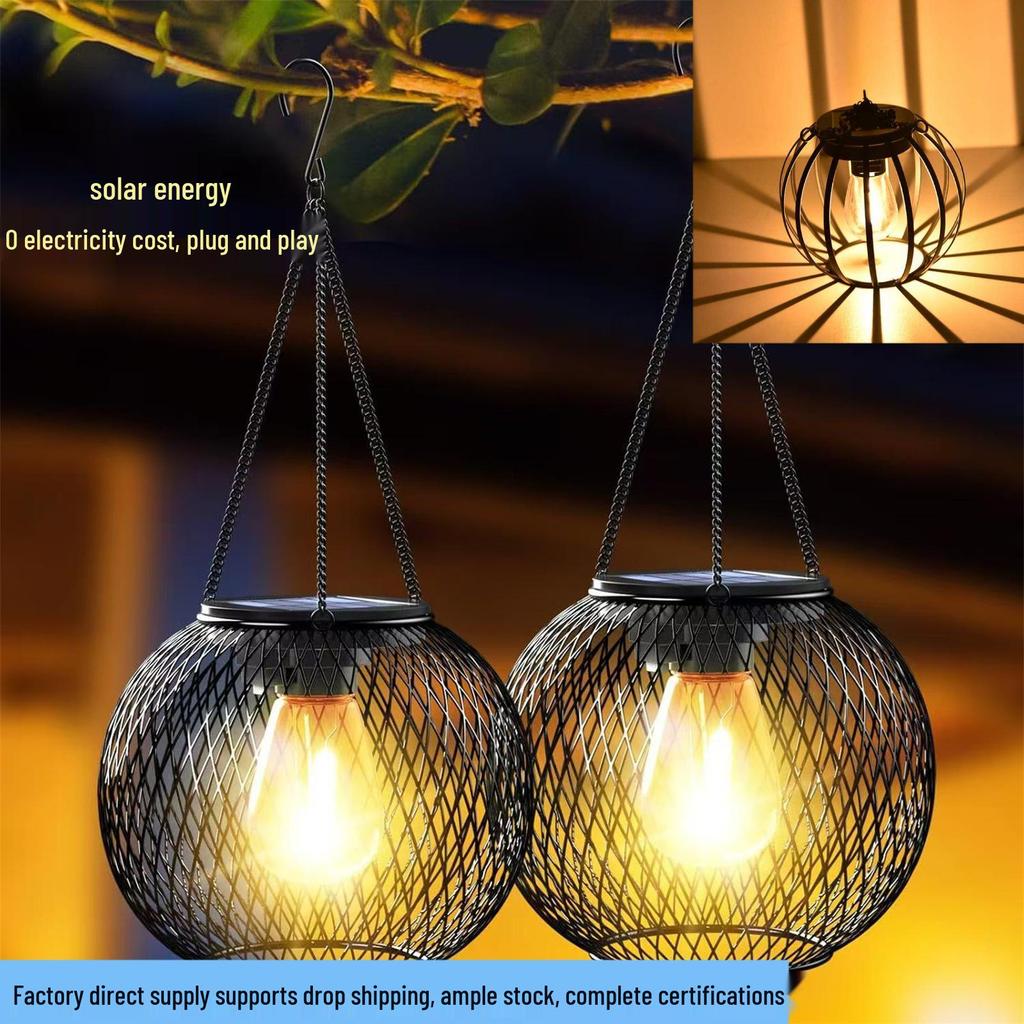 Solar Wrought Iron Lantern Light: Retro Mesh Pendant for Outdoor Garden, Courtyard, and Balcony Ambiance.