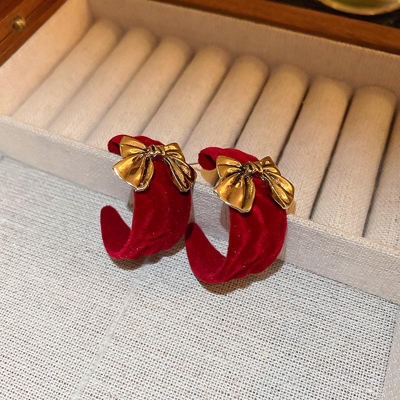 Vintage Red Flocking Earrings Collection Bow Knot Earstuds Vintage Style Earrings Jewelry Gift