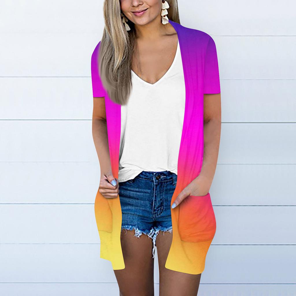 Женский модный свободный повседневный кардиган с карманами и принтом, куртка с короткими рукавами, топ