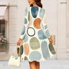 Women Plus Size Round Neck Long Sleeve Abstract Print A Line Flared Dress