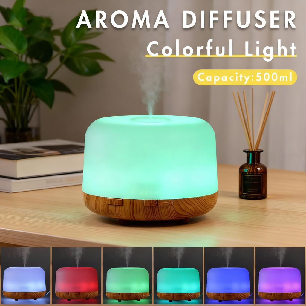 500ml Ultrasonic Air Humidifier Bedroom Aroma Diffuser with Remote Control, Auto-off and 7 Colors Light Bedside Table Light